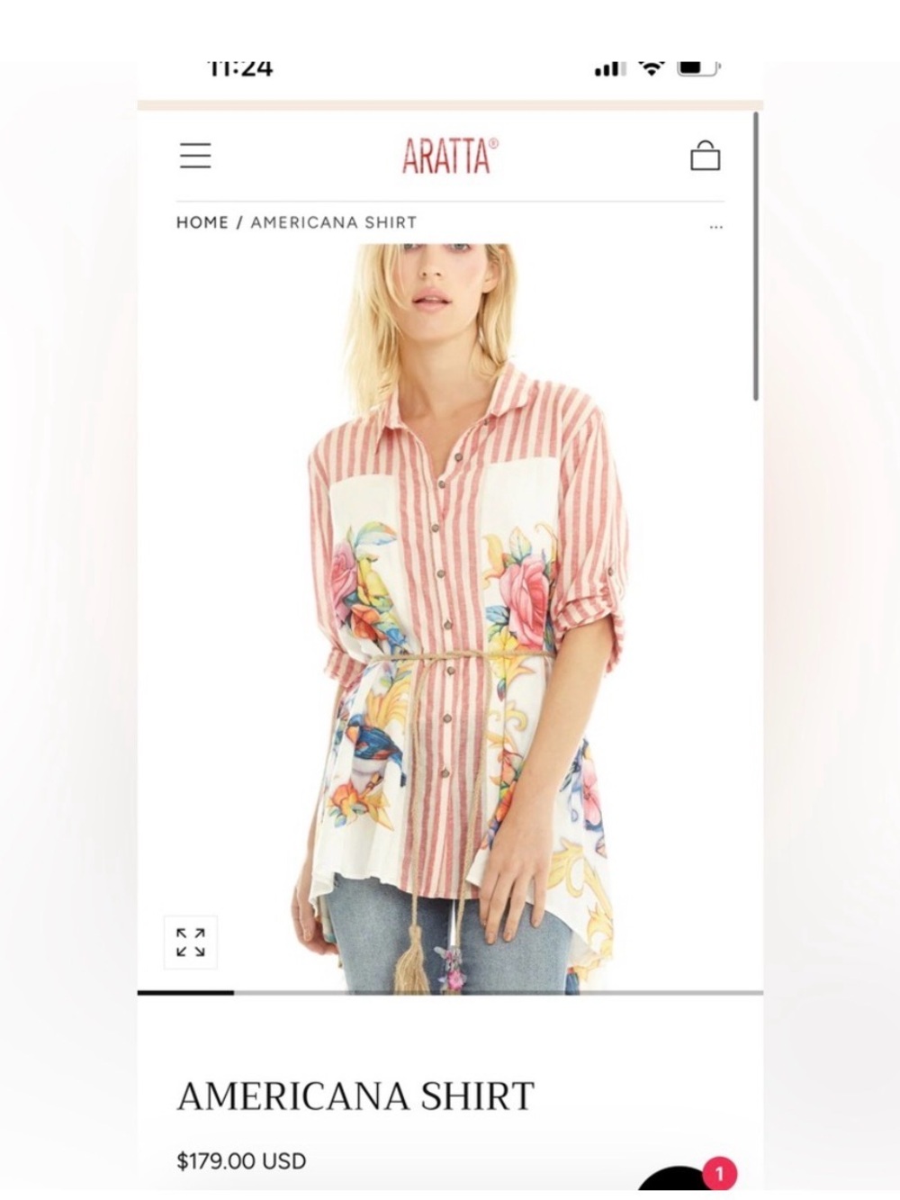 Aratta Silent Journey Americana Shirt - Tunic Blouse with Belt size Small